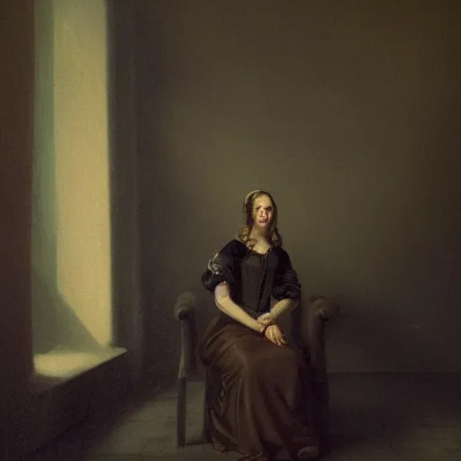Image similar to a woman sitting on a chair inside of a dark, foreboding room, 1 7 0 0 s oil painting, dark art, vignette, bloom effect, cgsociety, artstation, 4 k, 8 k