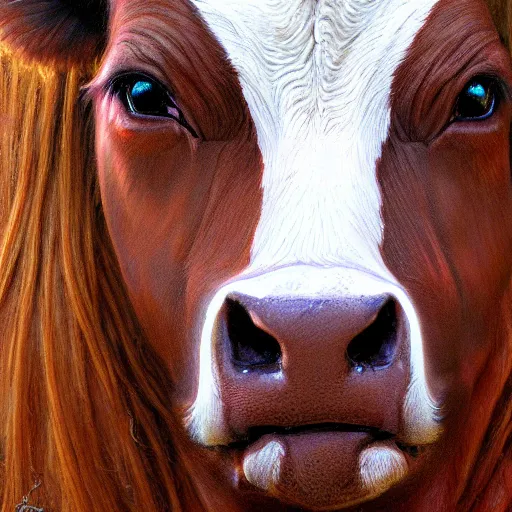 Image similar to cow as a realistic fantasy knight, closeup portrait art by donato giancola and greg rutkowski, realistic face, digital art, trending on artstation, symmetry!!