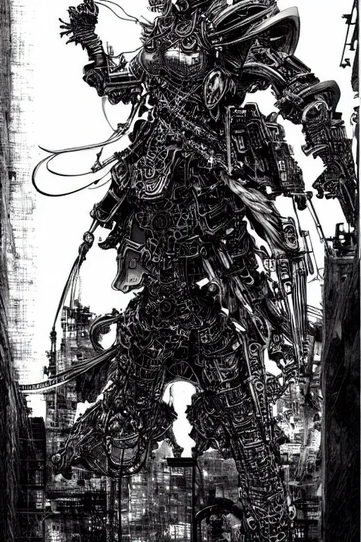 Image similar to a vertical portrait of a character in a city by yoshitaka amano and nihei tsutomu, black and white, dreamy, steampunk armor, highly detailed