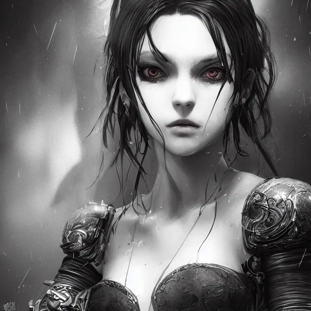 Prompt: the portrait of the neutral evil fallen female dark knight vagabond as absurdly beautiful, gorgeous, elegant, sophisticated, young gravure idol, an ultrafine hyperdetailed illustration by irakli nadar, intricate linework, bright colors, octopath traveler, final fantasy, unreal engine highly rendered, global illumination, radiant light, detailed and intricate environment