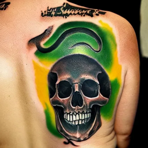 Image similar to dark tattoo and snake wrapping around skull, green acid colors