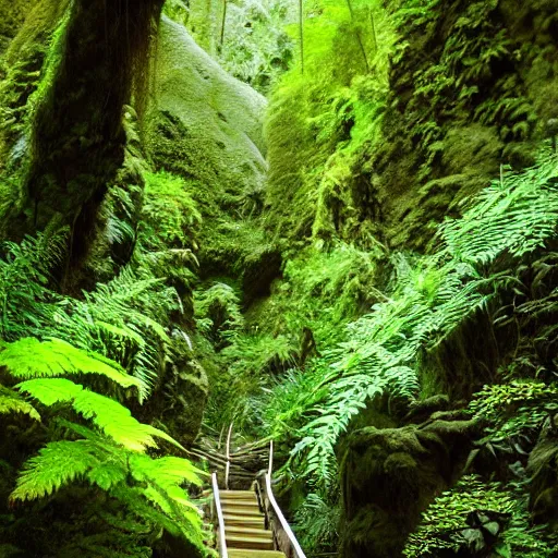 Image similar to fern canyon gorge in oregon, stone stairway, overgrown lush plants, atmospheric, cinematic, by studio ghibli,