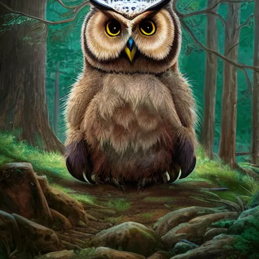 Prompt: three quarter portrait of an owlbear in the forest, d & d, fantasy, miro petrov,