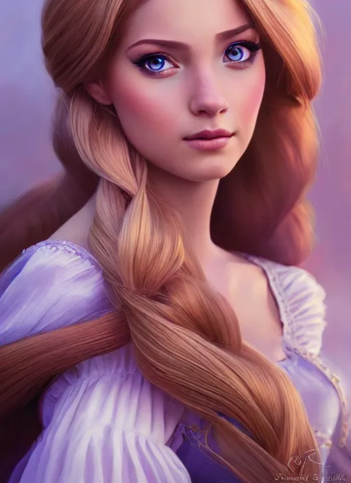 Image similar to photo of a gorgeous young woman rapunzel in the style of stefan kostic, realistic, sharp focus, 8 k high definition, insanely detailed, intricate, elegant, art by stanley lau and artgerm