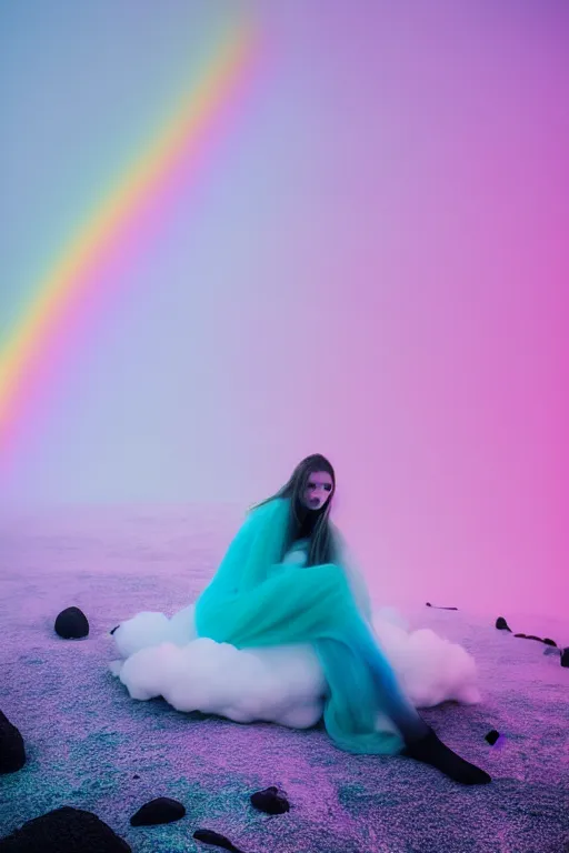 Image similar to high quality pastel coloured film close up wide angle photograph of a model wearing clothing resting on cloud furniture in a icelandic black rock environment in a partially haze filled dreamstate world. three point light, rainbow. photographic production. art directed. pastel colours. volumetric clouds. pastel gradient overlay. waves glitch artefacts. extreme facial clarity. 8 k. filmic.