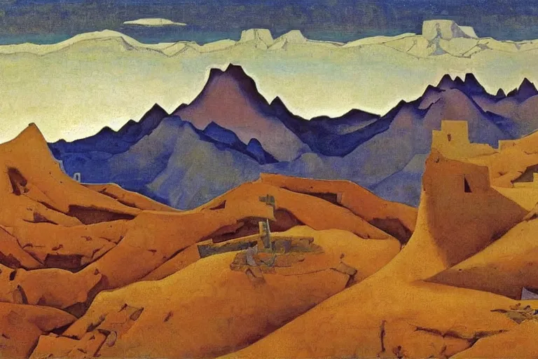 Prompt: A desertic mountain battlefield, dawn, cloudy by Nicholas Roerich, by Georgia o Keeffe, by Gustave Moreau