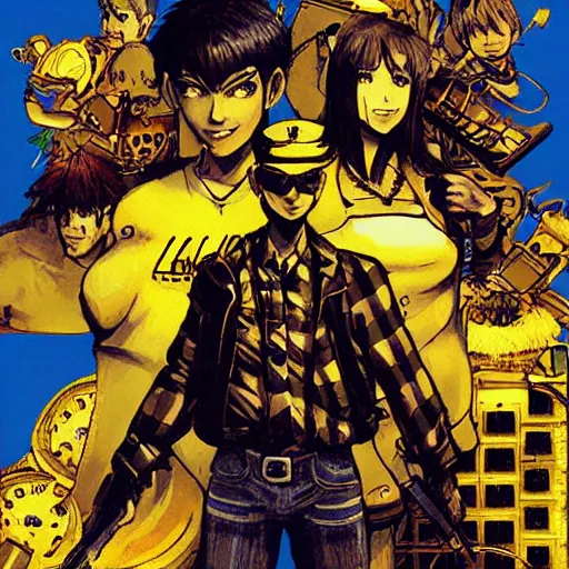 Image similar to The Banana Blue Gang, game poster printed on playstation 2 video game box , Artwork by Akihiko Yoshida, cinematic composition