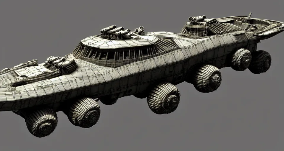 Image similar to highly detailed cinematic scifi render of 3 d sculpt of fury road spaceship