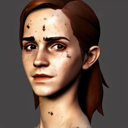 Image similar to full body textured film grain freckled face scratches and smudges hairy emma watson as a fortnite character cgsociety octane render unreal engine redshift render trending on artstation trending on artstation render blender behance cg superhero