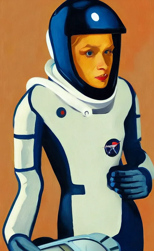 Prompt: Portrait of a woman astronaut with helmet and black latex suit, very coherent, painted by Edward Hopper, painted by James Gilleard, airbrush, art by JamesJean
