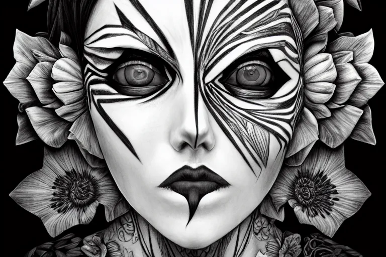 Prompt: graphite and white charcoal illustration of symmetrical!! portrait of floral borderlands 3 psycho, intricate, elegant, highly detailed, digital art, artstation, smooth, sharp focus, masterpiece