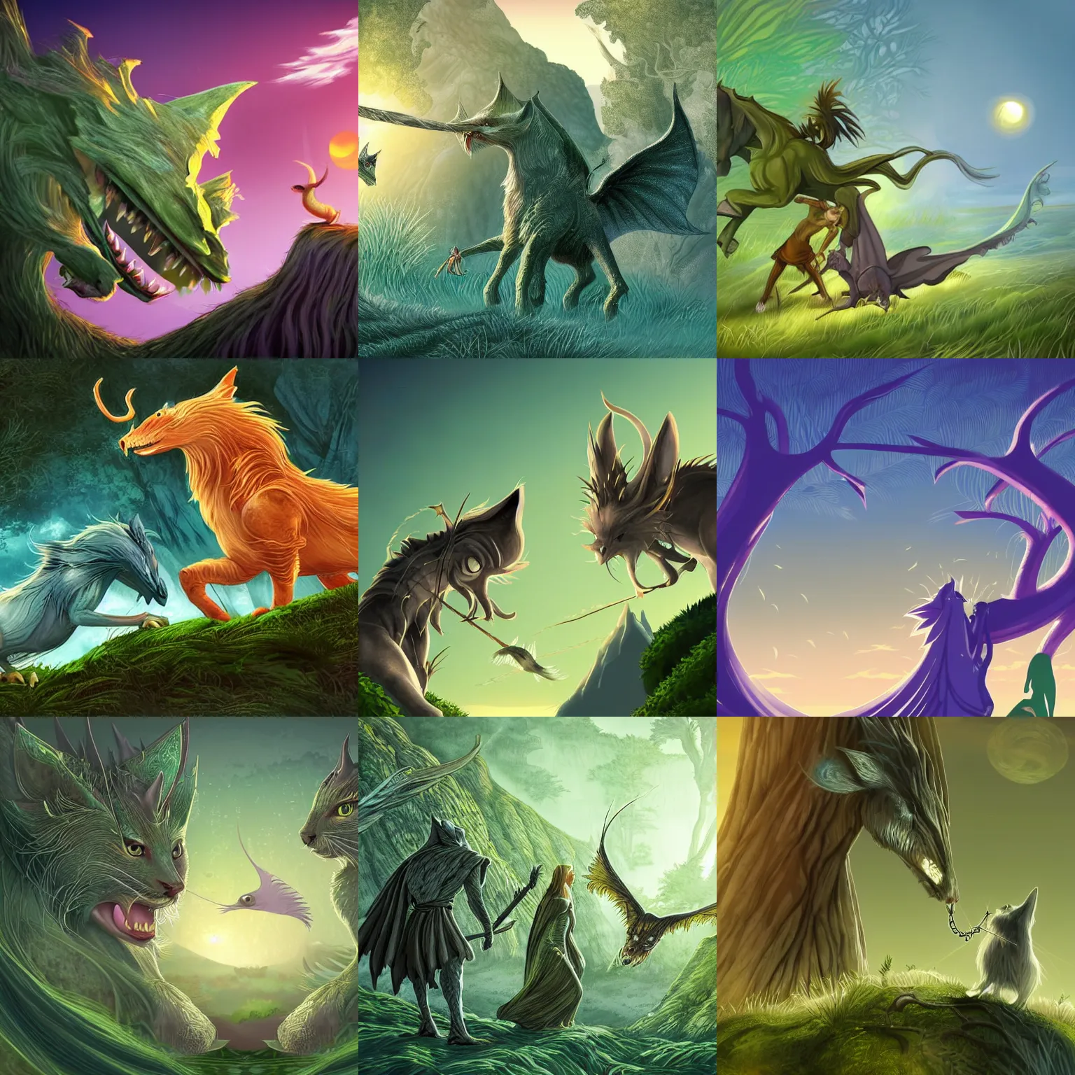 Prompt: closeup, two fantasy creatures are catched by liana, liana wrap two fantasy creatures, in a gentle green dawn light, clean cel shaded vector art. shutterstock. behance hd, lordoftherings