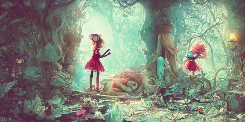 Prompt: alice in wonderland 3 d watercolor illustration, mistic atmosphere, scarry, octane render, intricate, cute, colorfull, hyper detailed, morning light, well rendered
