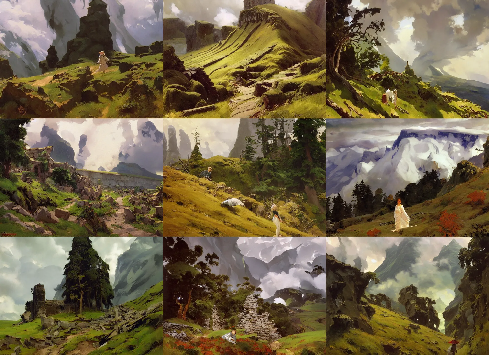 Prompt: painting by sargent and leyendecker and greg hildebrandt savrasov levitan polenov, studio ghibly style mononoke, huge old ruins, middle earth above the layered low clouds road between forests trees faroe azores overcast storm masterpiece