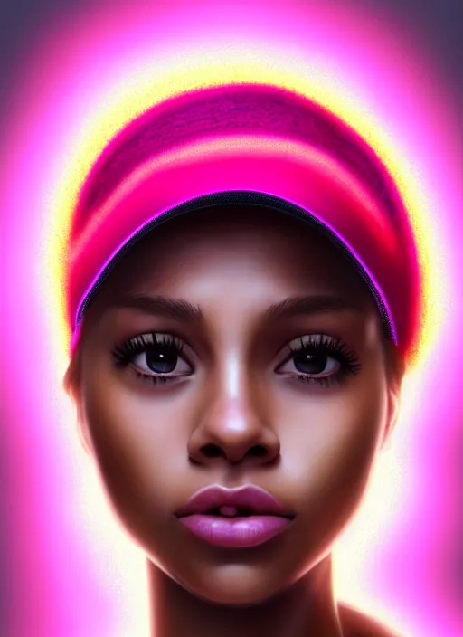 Prompt: portrait of teenage vanessa morgan with bright pink hair, black girl, vanessa morgan, curly pixie cut hair, wearing newsboy cap, pink hair, newsboy cap, hoop earrings, intricate, elegant, glowing lights, highly detailed, digital painting, artstation, concept art, smooth, sharp focus, illustration, art by wlop, mars ravelo and greg rutkowski