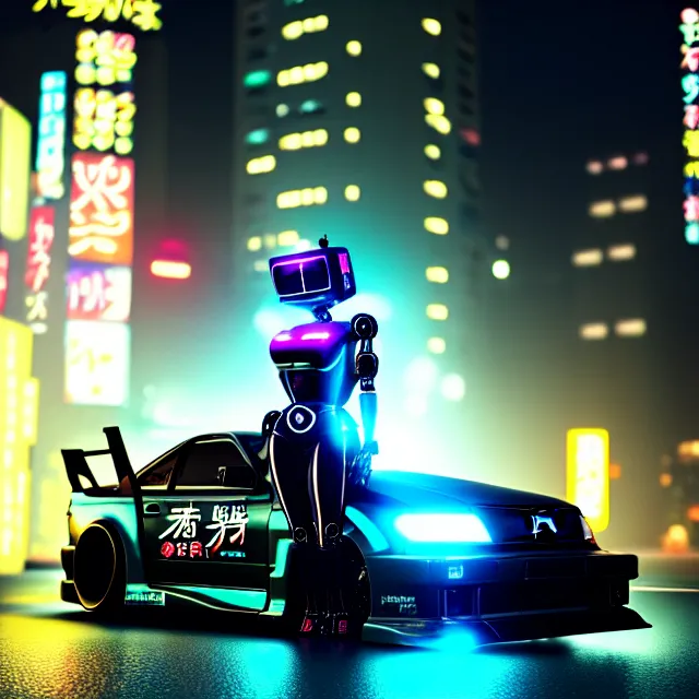 Image similar to toyota jzx 1 0 0 drift with pretty cyberpunk robot girl standing, detailed wheels, shibuya prefecture, cinematic lighting, photorealistic, night photography, octane render by tomino - sama