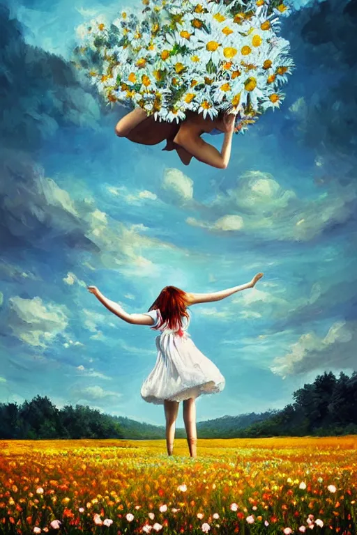 Prompt: giant white daisies flower as head, girl dancing in a flower field, surreal photography, sunrise, dramatic light, impressionist painting, colorful clouds, digital painting, artstation, simon stalenhag