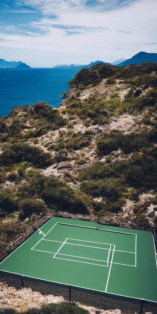 Image similar to Tennis court between mountains and sea. the style of National Geographic magazine