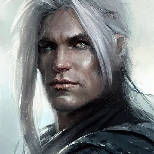 Image similar to closeup portrait drizzt do'urden, black, lavender eyes, dungeons and dragons character, castle background, gorgeous view, realistic, high detail, digital art, painted by greg rutkowski, painted by jeremy mann, trending on artstation