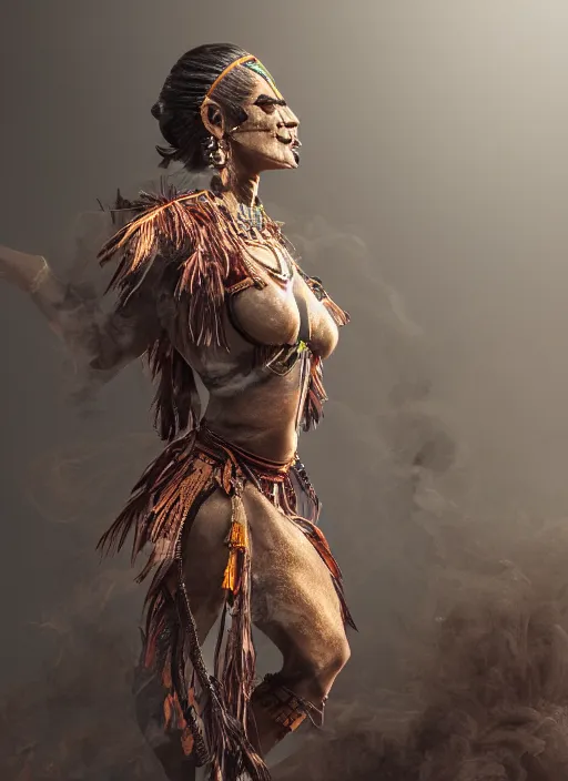 Image similar to a Photorealistic dramatic hyper realistic render of a glamorous Maya warrior smoke by Ken Brower and Deborah Ory, Lois Greenfield, Beautiful dynamic dramatic dark moody lighting, volumetric, shadows, cinematic atmosphere, Octane render,8K