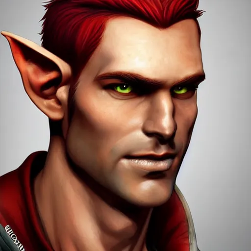 Image similar to character portrait, D&D, male half-elf, artificer, short red mohawk, artstation, ultra detailed, todd lockwood