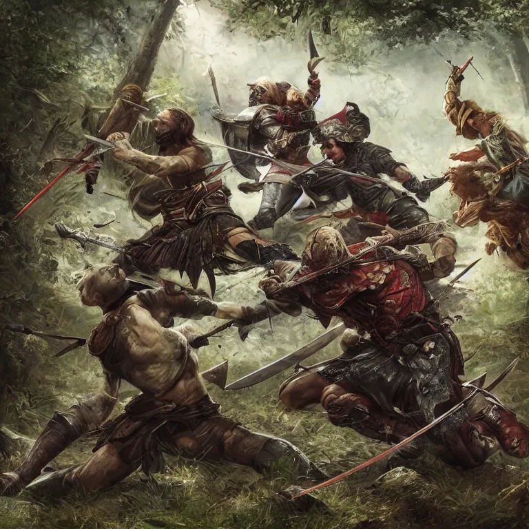 Image similar to 2 heroes fighting with swords in forest, while their armies are in the background, highly detailed, smooth, sharp focus, portrait, concept art, intricate details, fantasy poster, dark athmosphere, 8 k. lifelike. nikon d 8 5 0