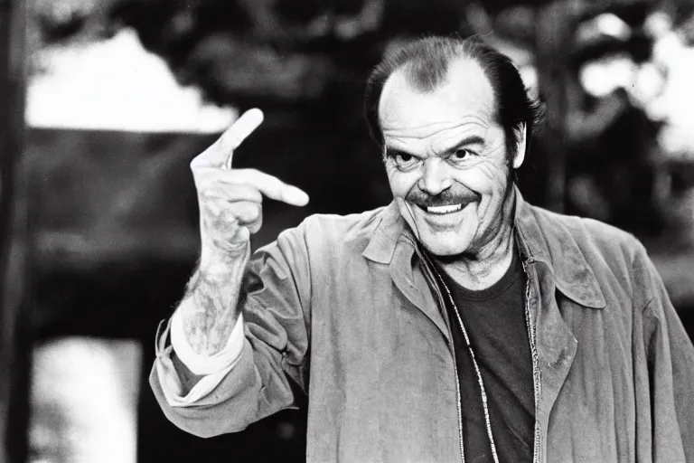 Image similar to Jack Nicholson pointing at the completed Noah's Ark while it's doors are open