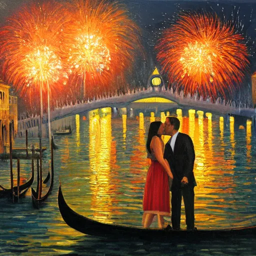 Image similar to an oil painting of couple kissing, in a background fireworks in venice