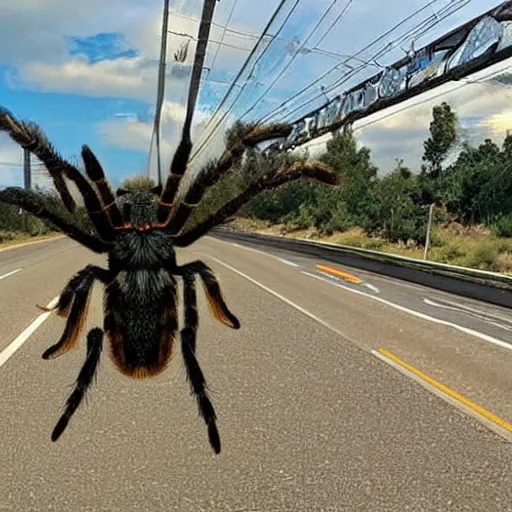 Image similar to real photo of a giant tarantula over the highway