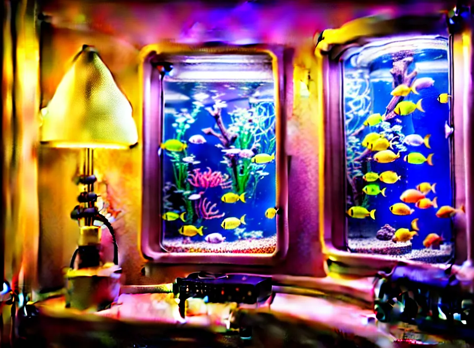 Image similar to telephoto 7 0 mm f / 2. 8 iso 2 0 0 photograph depicting the feeling of chrysalism in a cosy cluttered french sci - fi ( art nouveau ) cyberpunk apartment in a pastel dreamstate art cinema style. ( aquarium, computer screens, window ( city ), leds, lamp, ( ( ( aquarium bed ) ) ) ), ambient light.