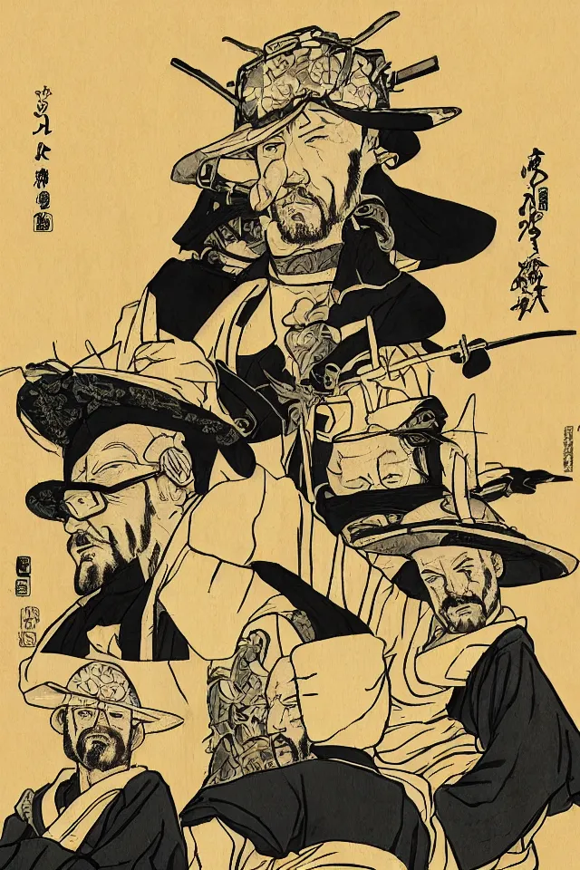 Image similar to a portrait of walter white and jesse pinkman in samurai armor, in the art style of ukiyo - e, sengoku - era art style, artistic 4 k