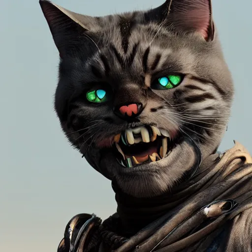 Image similar to cat as a mad max villain, concept art, octane render, unreal engine 5, highly detailed, high quality, 8 k, soft lighting, realistic face, path traced