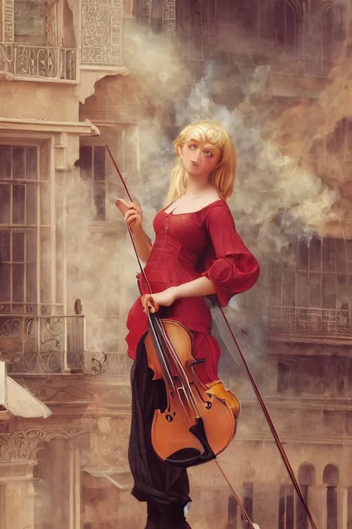 Prompt: beautiful blonde girl, expressively playing the violin, in a venetian outfit, illustration, manga, on the roof of a burning building, highly detailed, artstation, illustration, jurgens, rutkowski, bouguereau, canon eos r 3