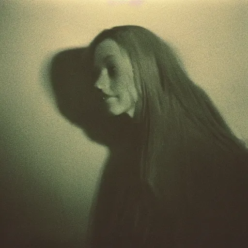 Image similar to Photograph of the creepy girl from Ringu, dark, no lights, moist, taken using a film camera with 35mm expired film, bright camera flash enabled, award winning photograph, creepy, liminal space