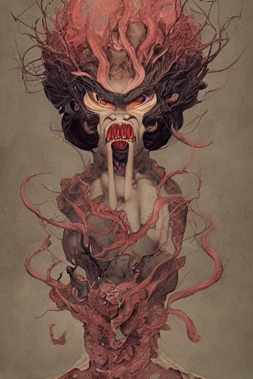 Prompt: a portrait of a japanese devil yokai ghost illustrated by miyazaki by karol bak, james jean, tom bagshaw, rococo, sharp focus, trending on artstation, cinematic lighting, hyper realism, octane render, 8 k, hyper detailed, vivid, ultra detailed, highly detailed