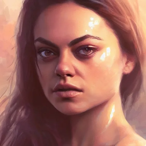 Image similar to mila kunis closeup portrait, dramatic light, lake background, 2 0 0 mm focal length, painted by stanley lau, painted by greg rutkowski, painted by stanley artgerm, digital art, trending on artstation