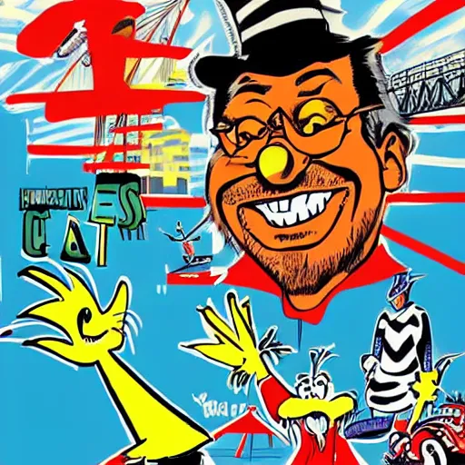 Image similar to The East Coast–West Coast hip hop rivalry illustrated by Dr Seuss, path traced, detailed faces