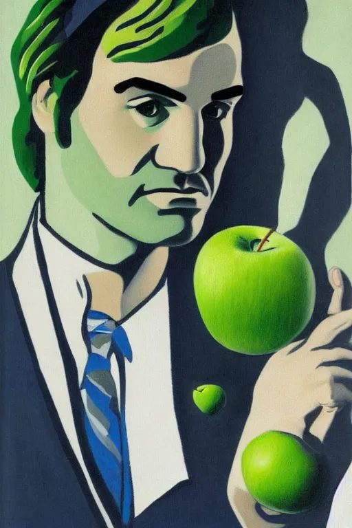 Image similar to roger federer and green apple by rene magritte