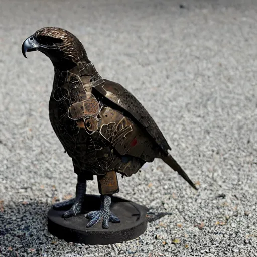 Image similar to A hawk model built from scrap metal, standing on asphalt, detailed close up photograph