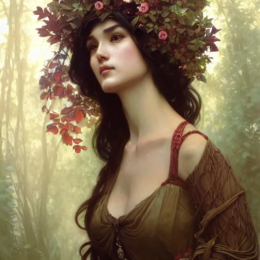 Prompt: portrait of forest goddess, intricate, elegant, highly detailed, digital painting, artstation, concept art, smooth, sharp focus, illustration, art by artgerm and greg rutkowski and alphonse mucha and william - adolphe bouguereau