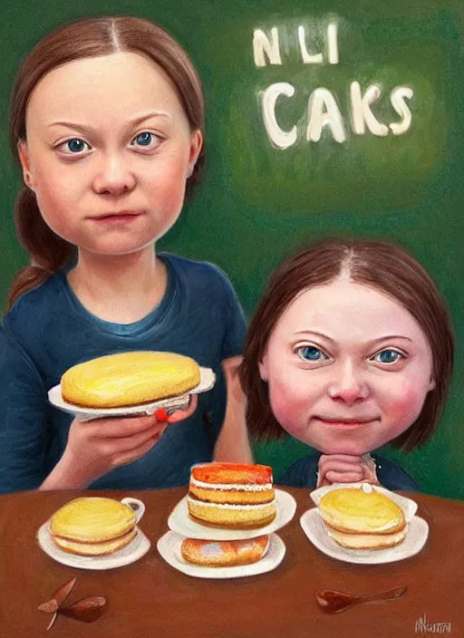 Prompt: greta thunberg eating cakes painted by nicoletta ceccoli, detailed digital art, trending on Artstation