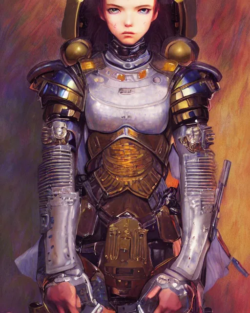 Image similar to portrait of cute beautiful young sister of battle in armor, cyberpunk, Warhammer, highly detailed, artstation, illustration, art by Gustav Klimt and Range Murata