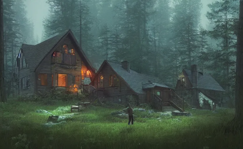 Image similar to a cottage in a forest, rendered by simon stalenhag, beeple, makoto shinkai, syd meade, environment concept, digital art, unreal engine, wlop, trending on artstation, low level, 4 k uhd image, octane render,