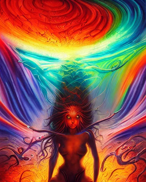 Image similar to rainbow fire, by antonio j. manzanedo, alex grey, android jones, wayne barlowe, philippe druillet, raymond swanland, cyril rolando, josephine wall, harumi hironaka, cronenburg, trending on artstation