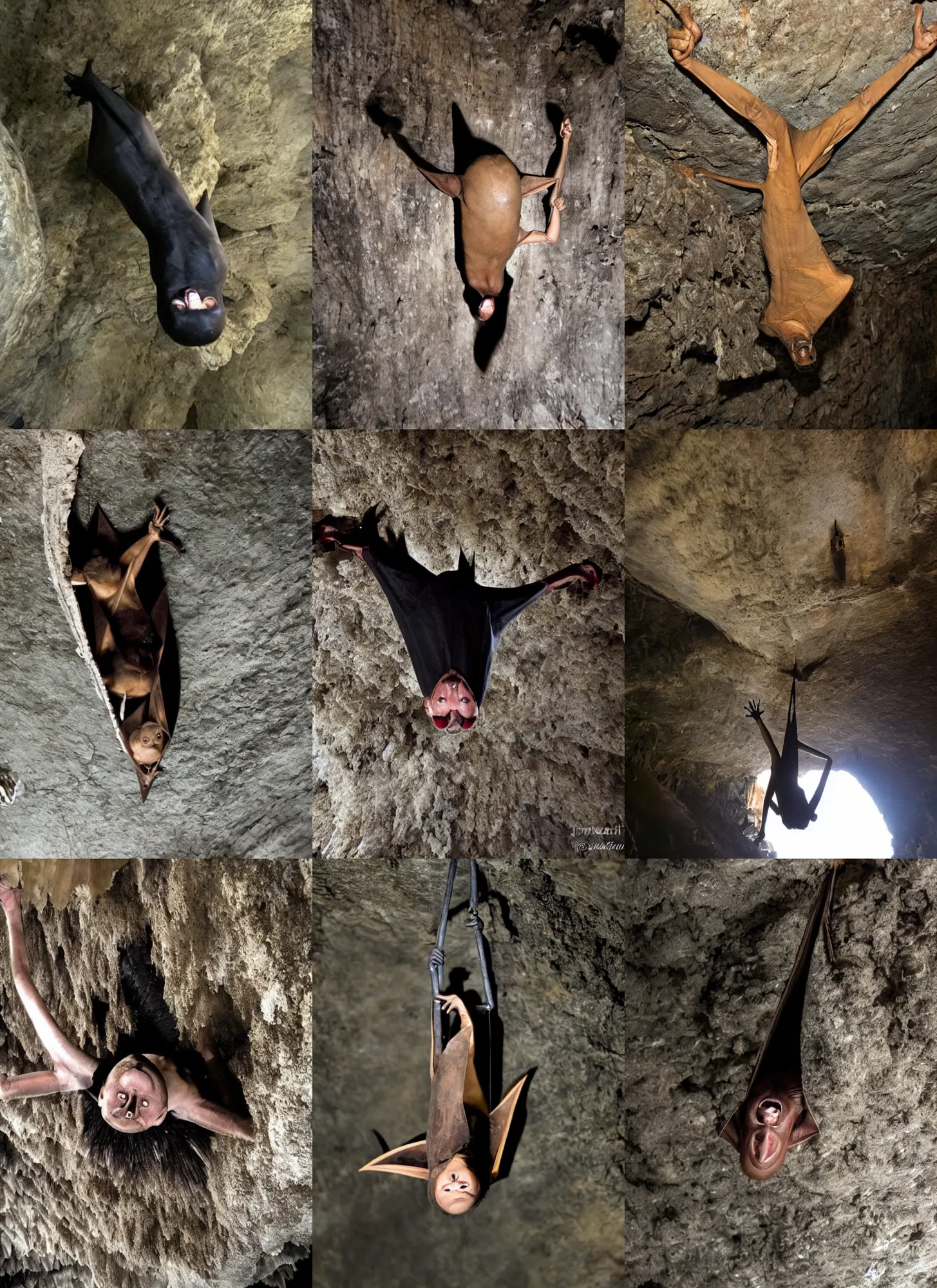 Prompt: Five foot bat in the Philippines, hanging upside down from cave ceiling, arms crossed, scary, photo in Natural Geographic