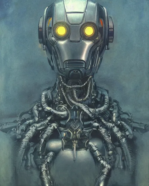 Image similar to portrait of a tanzanite ultron from age of ultron, clockwork steampunk, dieselpunk, head and chest only, by beksinski, 4 k, deviantart, trending on artstation