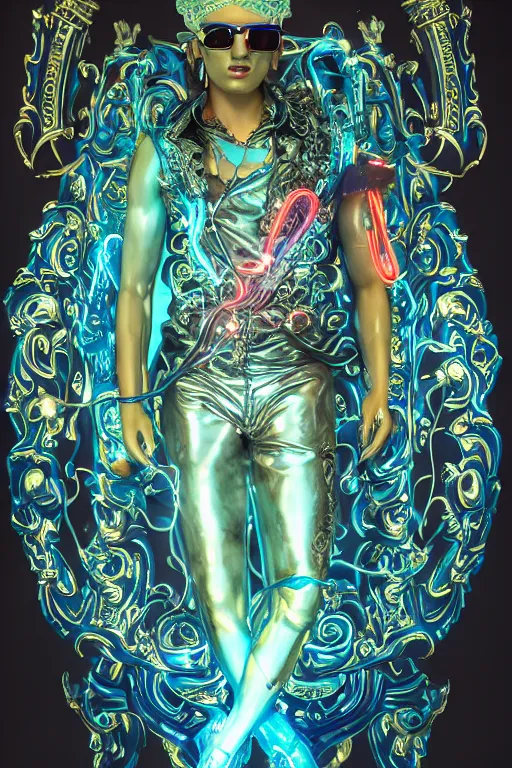 Image similar to full-body neon porcelain bladerunner and rococo style sculpture of a young handsome Cuban prince wearing cholo shades as a half android with a porcelain chest opening exposing circuitry and electric sparks, glowing laser beam eyes, crown of giant diamonds, flowing neon-colored silk, fabric, raptors. baroque elements. full-length view. baroque element. intricate artwork by caravaggio. many many birds birds on background. Trending on artstation, octane render, cinematic lighting from the right, hyper realism, octane render, 8k, depth of field, 3D