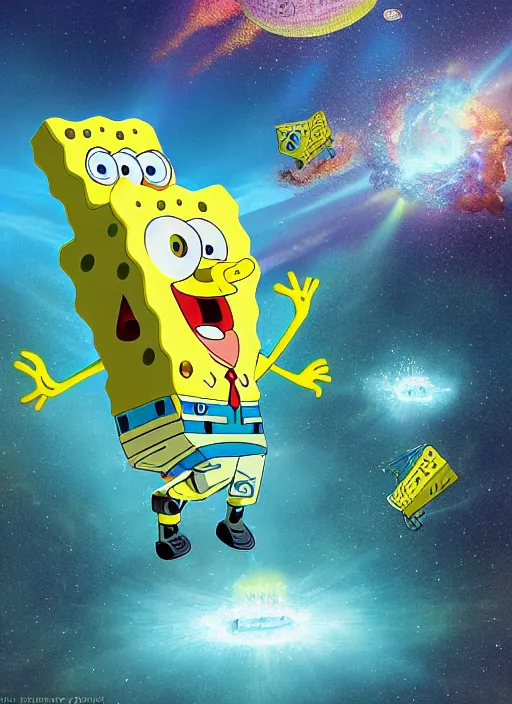 Prompt: spongebob merging with the mothership, epic, cinematic shot, 8k, by Adi Granov, sharp focus, highly detailed, saturated