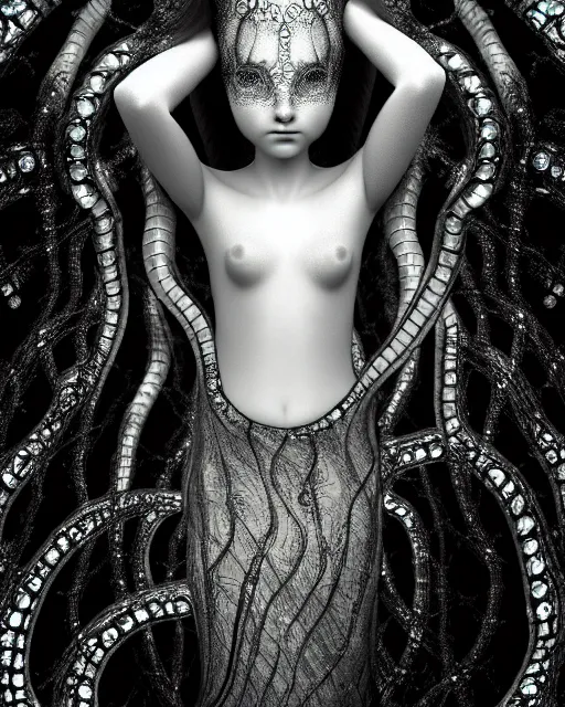 Image similar to surreal mythical dreamy underwater artistic black and white photo of a translucent beautiful young female angelic - medusa - vegetal - cyborg - doll covered with fish scales, highly detailed, intricate crystal ivy jelly fish scales ornate, poetic, translucent algae ornate, digital art, octane render, 8 k artistic photography, photo - realistic, by diane arbus in the style of gustave dore