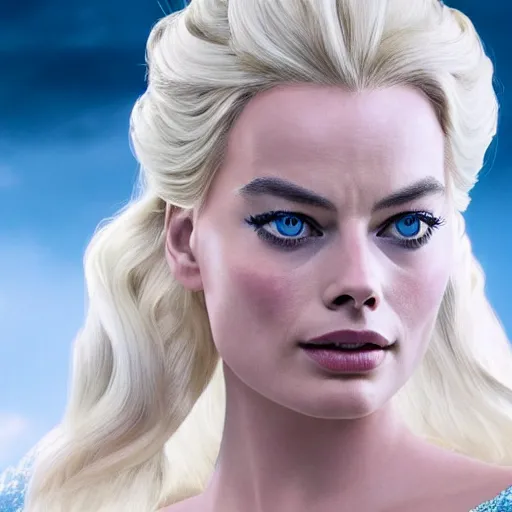 Image similar to Margot Robbie as Elsa in disney frozen live action, 8k full HD photo, cinematic lighting, anatomically correct, oscar award winning, action filled, correct eye placement,